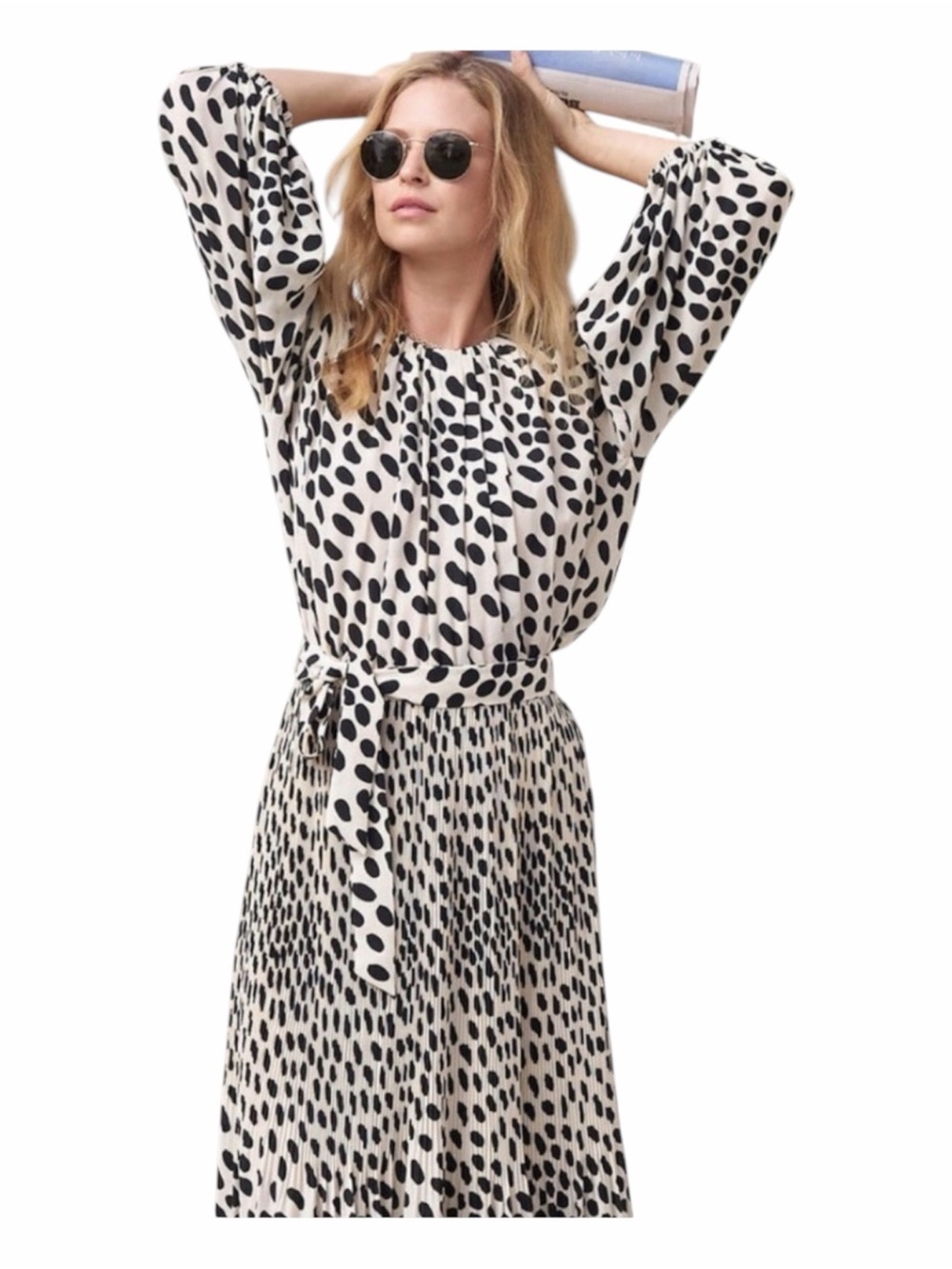 AYR Who's She Hot Dot Midi Dress Size Medium Polka Dot Pleats Elegant Luxury